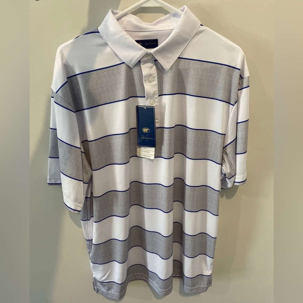 NWT Jack Nicklaus Men’s Polo Golden Bear Golf Shirt Size Large White Gray Stripe